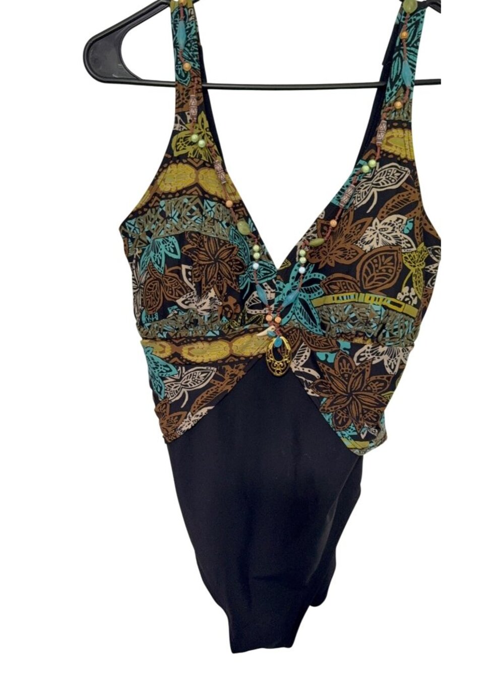 Fantasizer Swimsuit 1 PC Black with Floral and Beads Womans L